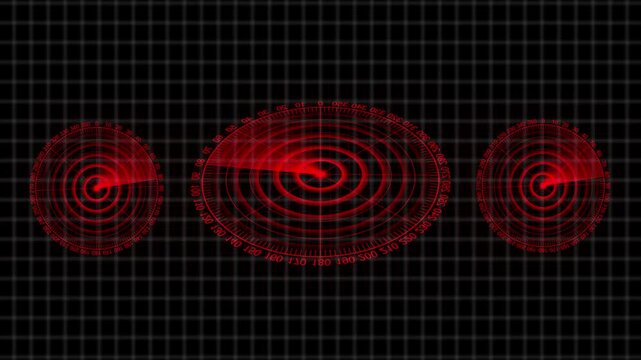 Abstract HUD element with round core and electronic circuit animation on black background. red color three Rader Location detection Military surveillance technology.
