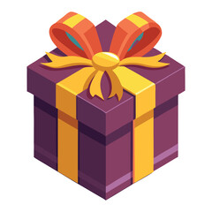Fototapeta premium Isometric purple gift box with yellow ribbon and orange bow isolated on white