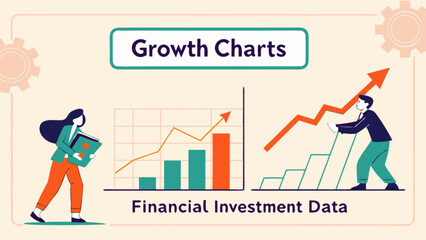 Growth charts and financial investment data analysis for business success and market trend visualization