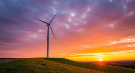 Fototapeta premium Wind Turbine Silhouette at Vibrant Sunset Over Rolling Hills