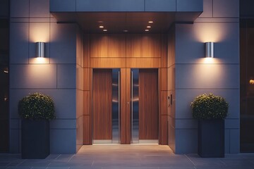 High-end entrance door with a vertical wood panel design, stainless steel handle, and matching modern lighting on either side 