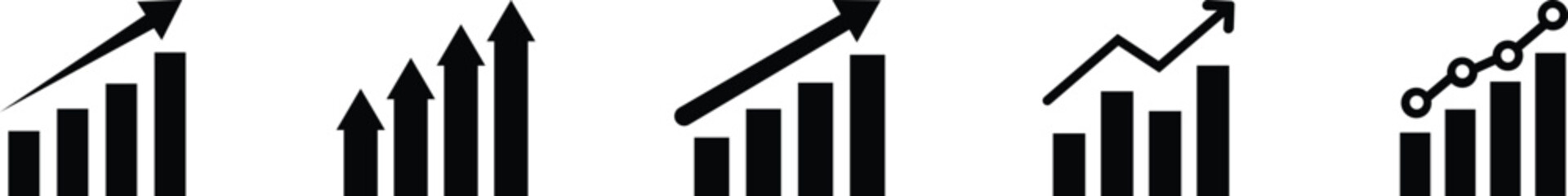 Growing Graph icon set.A dynamic illustration featuring a rising chart with arrow, business bar sign, and progress bar symbol, representing success and profit growth. Ideal for apps, websites.