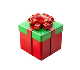 Obraz premium Festive red and green gift box with a shiny red bow isolated on transparent background