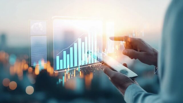 A person using a smartphone with glowing digital financial graphs overlaying the cityscape at sunset. - Powered by Adobe
