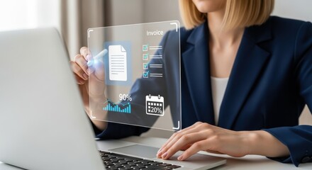 Businesswoman Interacting with Futuristic Invoice Interface on Laptop, Digital Concept.