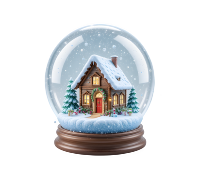 Charming snow globe scene with cozy cabin and falling snow isolated on transparent background