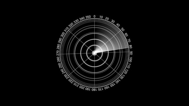 Abstract HUD element with round core and electronic circuit animation on black background.  white color Rader Location detection Military surveillance technology.