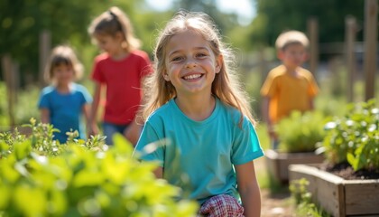 Young girl in blue shirt and plaid pants sits in garden surrounded by lush green plants. Sunflowers tower above. Trees with sturdy foliage reach upwards. Girl interacts with nature.