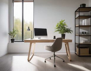 Minimalist home office with white walls, floating desk, hidden storage, and a single potted plant near a large window