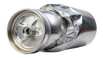 A crumpled aluminum can lying on its side, showcasing a shiny silver surface with intricate details and reflections, symbolizing recycling and waste reduction.