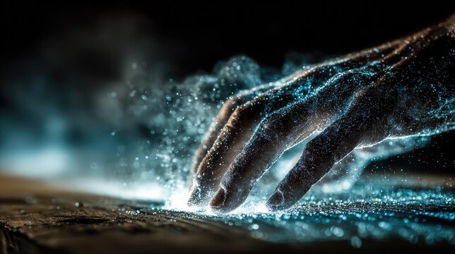 A hand interacts with digital particles, illustrating technology's touch on the future in a glowing, dynamic setting. - Powered by Adobe