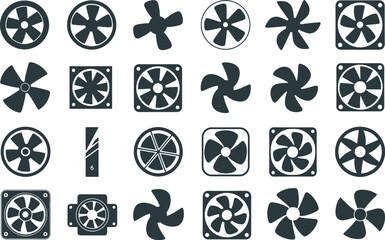 Vector art of a collection of various fan designs showcases different cooling solutions for computers and electronic devices, isolated on white background