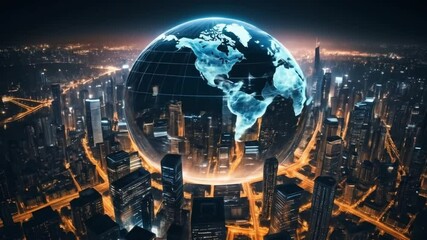 A futuristic cityscape at night under a glowing digital globe with illuminated skyscrapers, representing advanced urbanization and technological advancement through global connectivity. 4k video - Powered by Adobe