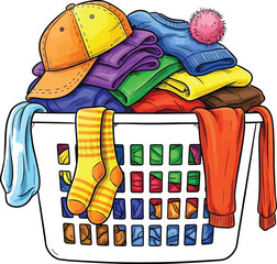 Vector art of a laundry basket overflowing with colorful clothes and accessories creates a scene of domestic clutter, isolated on white background