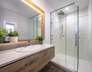 Minimalist white bathroom with hidden storage, vessel sink, frameless mirror, and floor-level walk-in shower