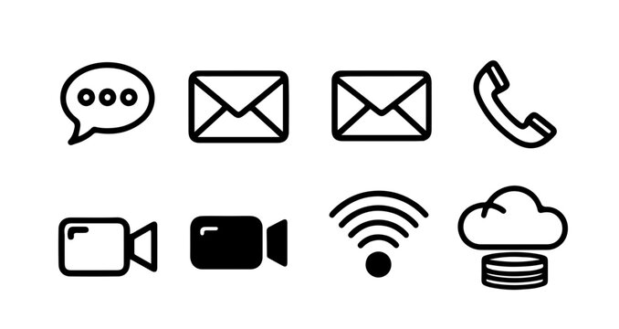 Here's a concise description:

A diverse set of communication icons, including mail, phone, and internet symbols, ideal for web design and business contact buttonsHere's a concise description:

A dive