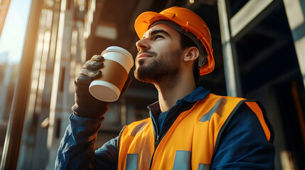 Construction worker takes a coffee break enjoying the beverage at a building site.