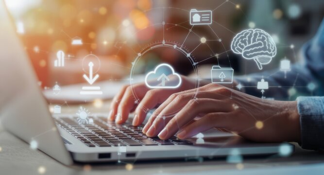 Cloud Computing and Brain: Person Typing on Laptop with Futuristic Overlay