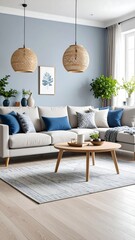 Light-filled living room with beige sofa, blue accents, and natural light