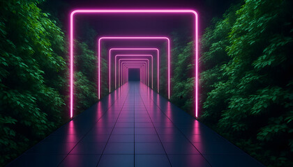 Fototapeta premium Lush foliage lining corridor with glowing pink arches