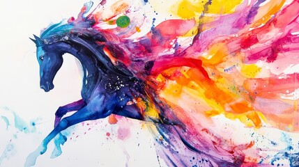 Colorful watercolor painting of a horse in motion, vibrant hues and dynamic brushstrokes.