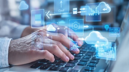 Cloud Computing: Hands Typing on Laptop with Futuristic Interface Overlay.