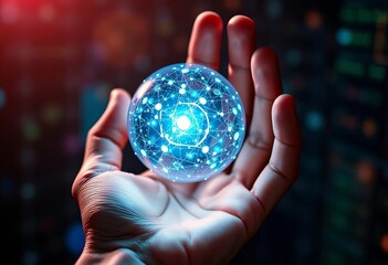 Close-up of hand holding glowing orb representing interconnected data,  network,  abstract