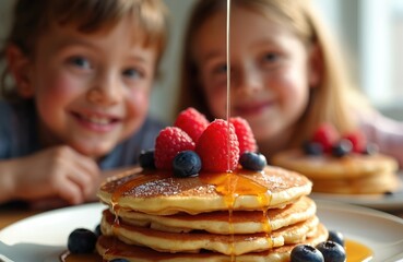Children enjoy breakfast with fruit toppings in warm kitchen. Two kids with blue, green shirts stand near plate of pancakes with syrup, fresh blueberries. Kitchen table setting, home decor, morning