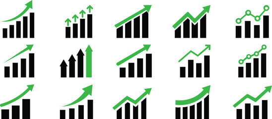 Growing Graph icon set.A dynamic illustration featuring a rising chart with arrow, business bar sign, and progress bar symbol, representing success and profit growth. Ideal for apps, websites.
