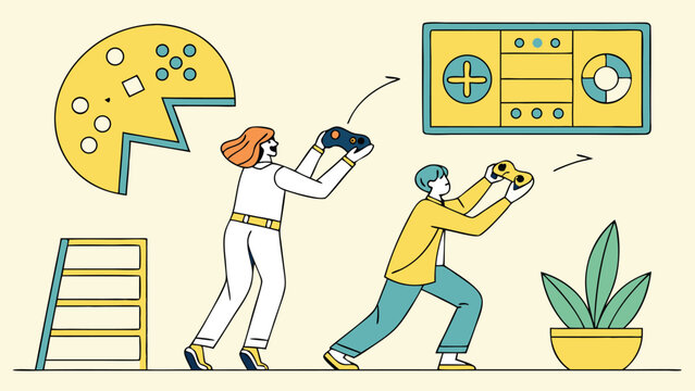 Two people playing video games with controllers and a pacman style graphic on the wall art