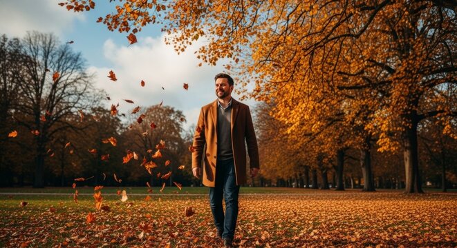 Man Walking Through Autumn Park with Falling Leaves and Smiling