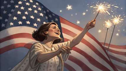 Celebrating independence day with sparklers and american flag patriotic holiday illustration art vector