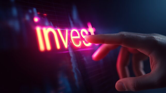 a human hand pressing a glowing holographic "Invest" button floating in midair, futuristic digital finance theme, photorealistic, vibrant neon colors 
