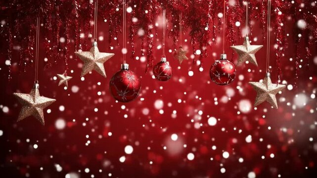 Red ornaments and gold stars hang against a sparkly red backdrop.