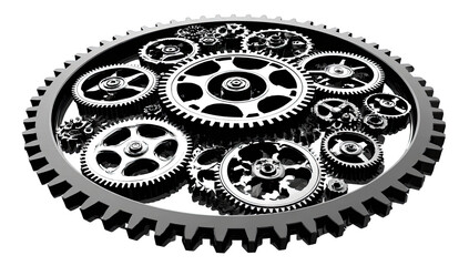 Interlocked gears, various sizes, in a complex system, metallic gray, on white background