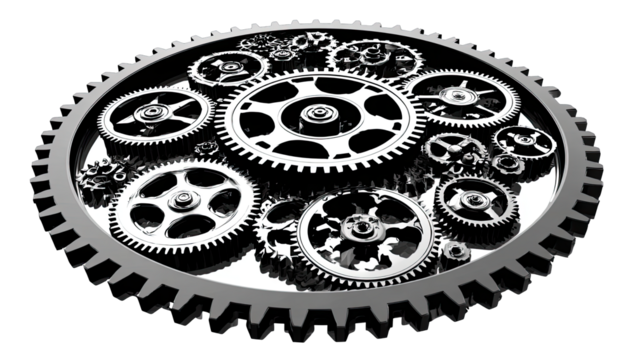 Interlocked gears, various sizes, in a complex system, metallic gray, on white background