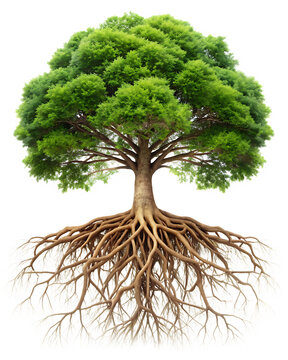 single tree with root isolated on white background, png, ai generated.