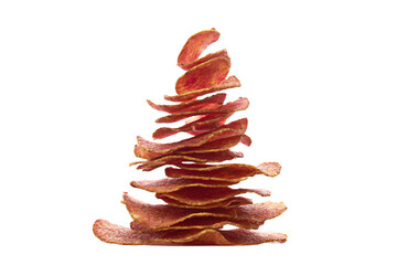 a stack of bacon chips on a white background