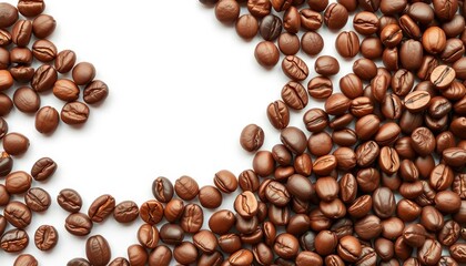 Close-up of roasted coffee beans on white background,  coffee shop,  aroma