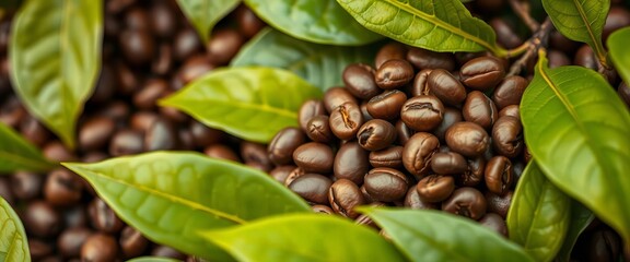 Fototapeta premium Close-up of roasted coffee beans nestled amongst vibrant green leaves, image, leaves
