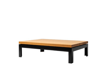 A light-colored wooden tabletop rests on four black metal legs, creating a simple, modern coffee table