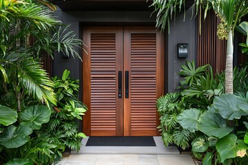 Rustic wooden entrance door with horizontal slats and matte black hardware, surrounded by lush greenery 