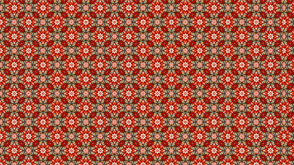 Repeating floral pattern with red and cream flowers arranged in a symmetrical design throughout image