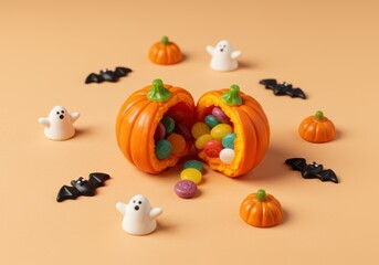 Open Pumpkin Candy on Pastel Peach Background
