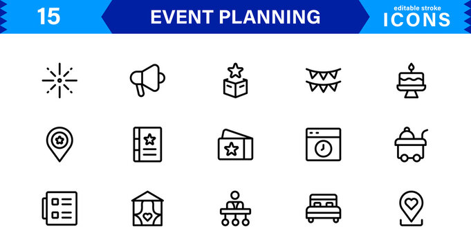 Vector Icon Collection for Event Planning Including Invitations, Decorations, Timelines, and Coordination Tools in Minimal and Modern Style