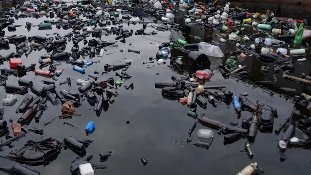 A waterfront community is grappling with severe pollution as trash and debris clog the waterways. Polluted river flowing through an urban slum area. Crowded housing, debris and poor infrastructure