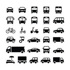 Collection of Black Silhouette Icons Depicting Various Modes of Transportation Including Cars Buses Trains Bikes Scooters and Trucks on White Background
