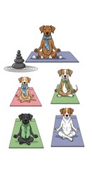 Four adorable dogs in various poses practicing yoga on mats, serene and peaceful.