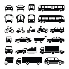 Obraz premium Collection of Black Silhouette Icons Depicting Various Modes of Transportation Including Cars Buses Trains Bikes Trucks and More 1