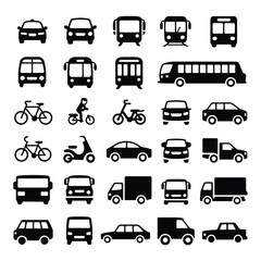 Collection of Black Silhouette Icons Depicting Various Modes of Transportation Including Cars Buses Trucks Bikes and Scooters on White Background